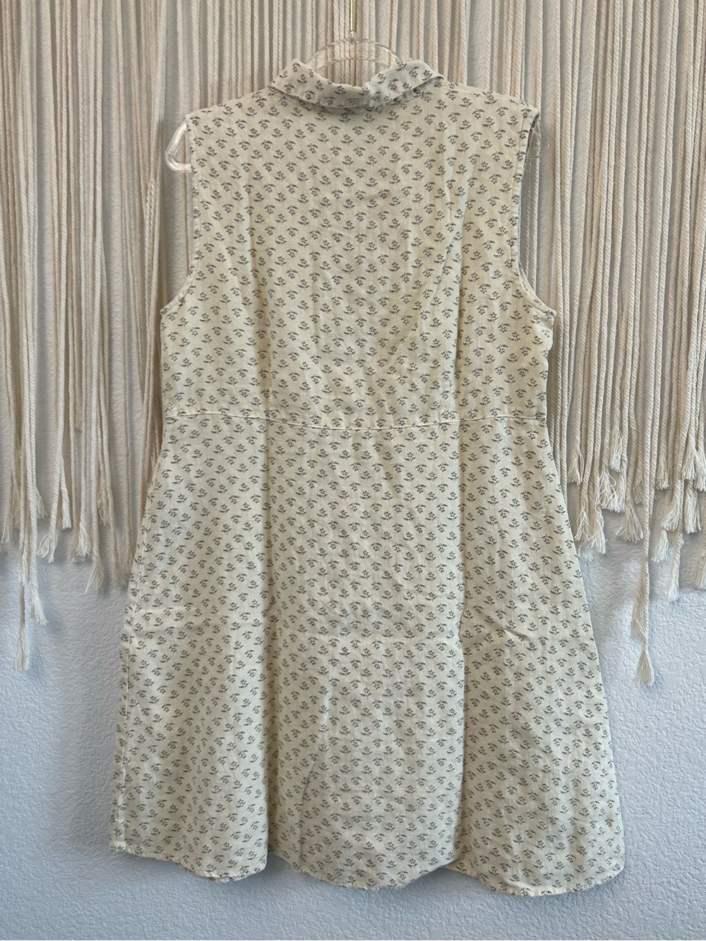 BOHEMIA Sleeveless Cream and gray Patterned Dress Button up collard Retro Linen - Picture 9 of 13